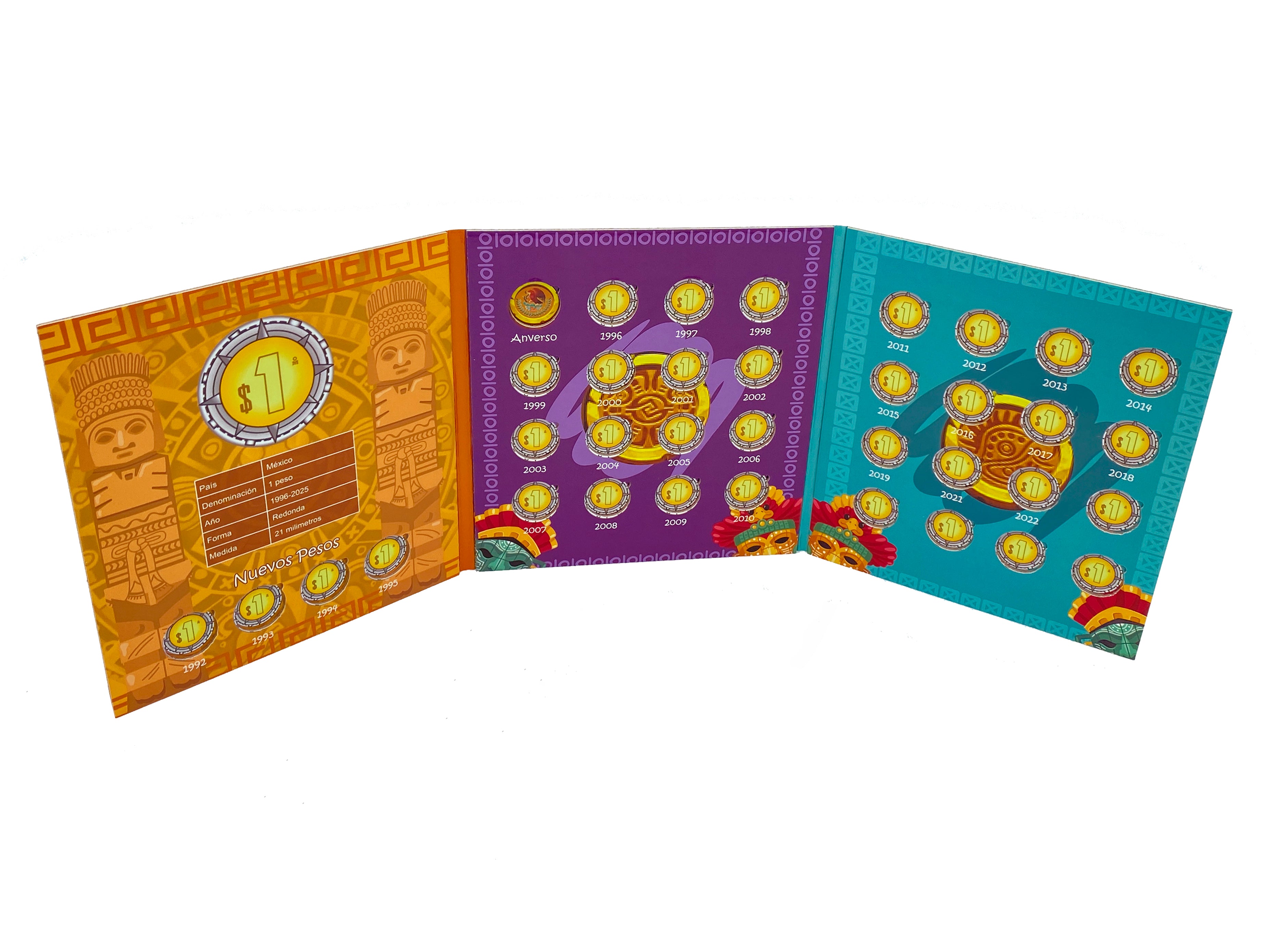 Álbum tríptico para coleccionistas de monedas mexicanas, ideal para monedas de un peso, incluye espacio para monedas de 1992 a la fecha, con diseño vibrante y cubre polvo. Imágenes de culturas antiguas de México. Álbum tríptico para coleccionistas de monedas mexicanas, ideal para monedas de un peso, incluye espacio para monedas de 1992 a la fecha, con diseño vibrante y cubre polvo. Imágenes de culturas antiguas de México.